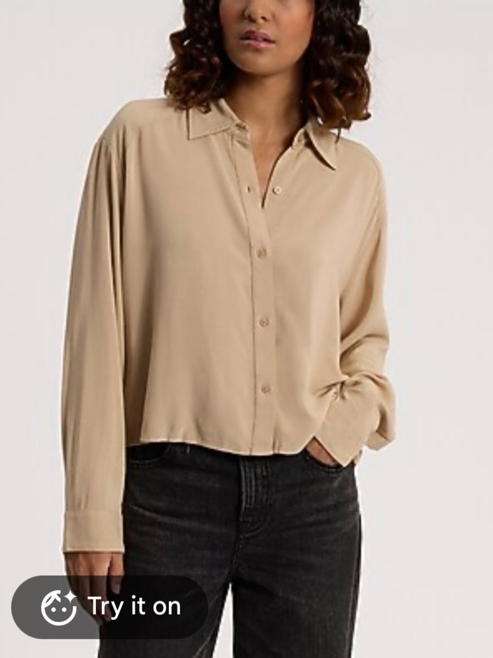 Express Beige Button-Front Long-Sleeve Blouse